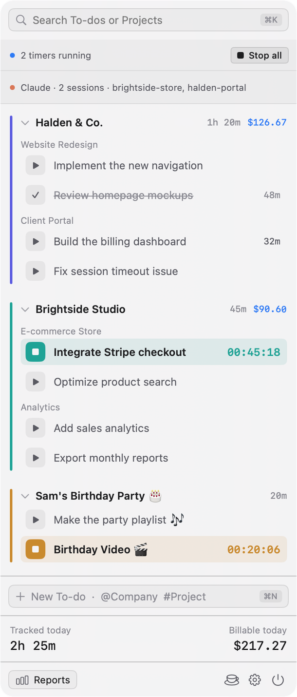 Tock’s popover in the menu bar with two timers running, one for Brightside Studio’s Stripe checkout at 45 minutes and one for a personal birthday video at 20 minutes, and a line for two Claude Code sessions; 2 hours 25 minutes tracked and $217.27 billable today.