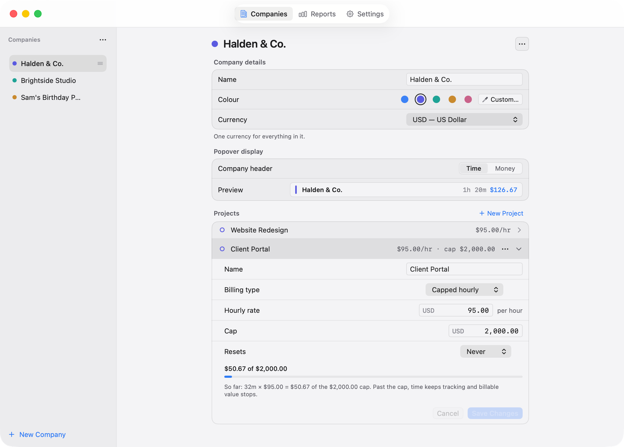 Tock’s Companies window: Halden & Co.’s Client Portal project set to Capped hourly, at $95.00 an hour with a $2,000.00 cap, $50.67 of it used so far.