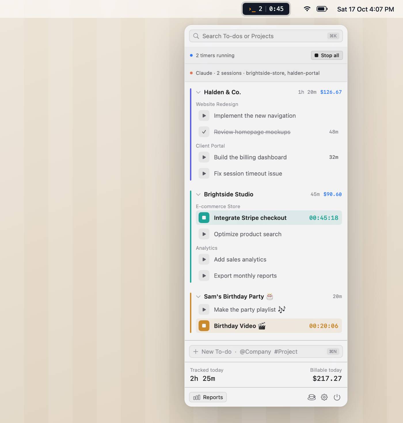 A tour of Tock: the menu bar popover with two timers running, Reports for the week and for today with Claude Code’s time in its own band, a Claude block copied onto a client’s to-do, an export to a PDF report, and Settings for agents.